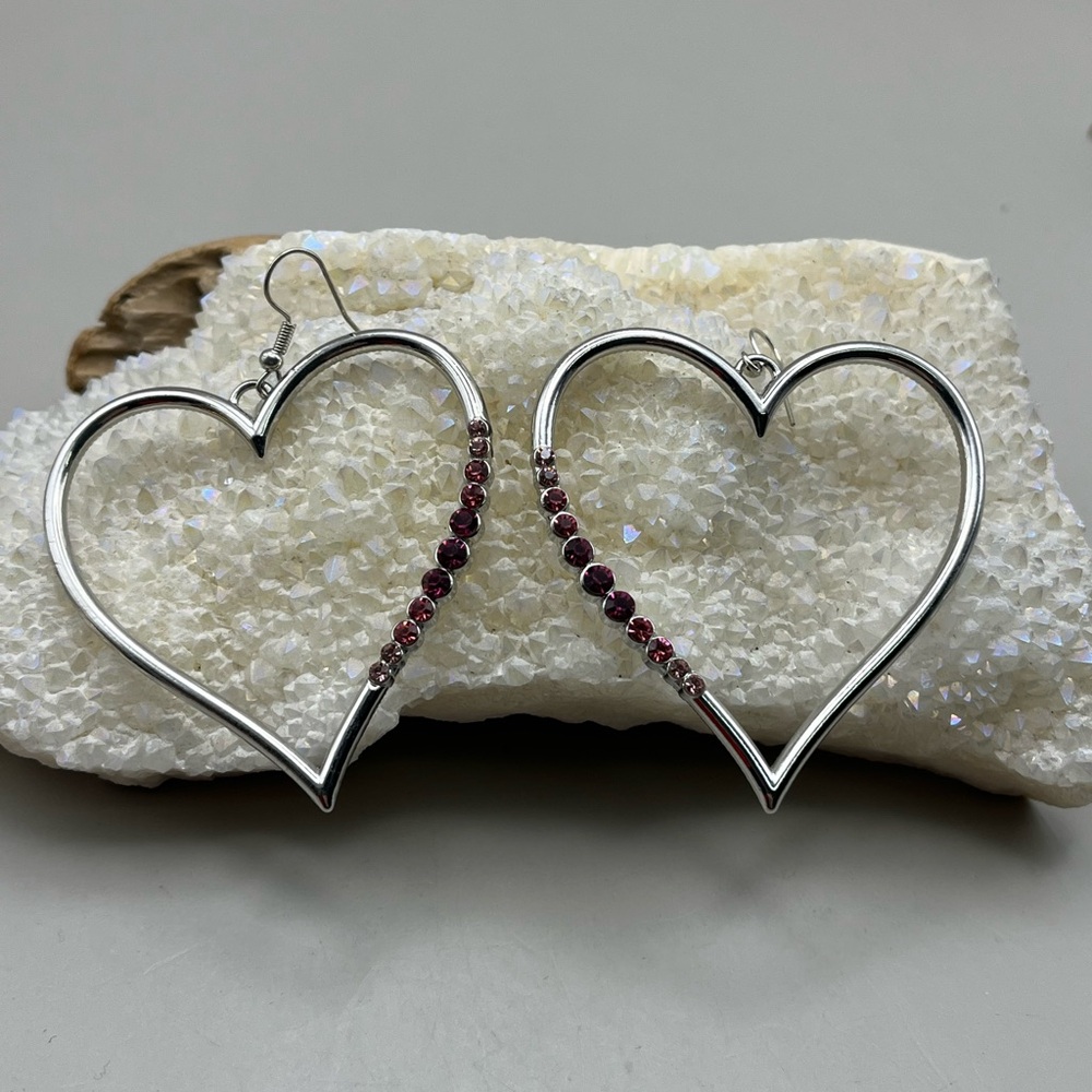 Silver Tone Heart Earrings with Red Crystal Accents -Valentine Gift